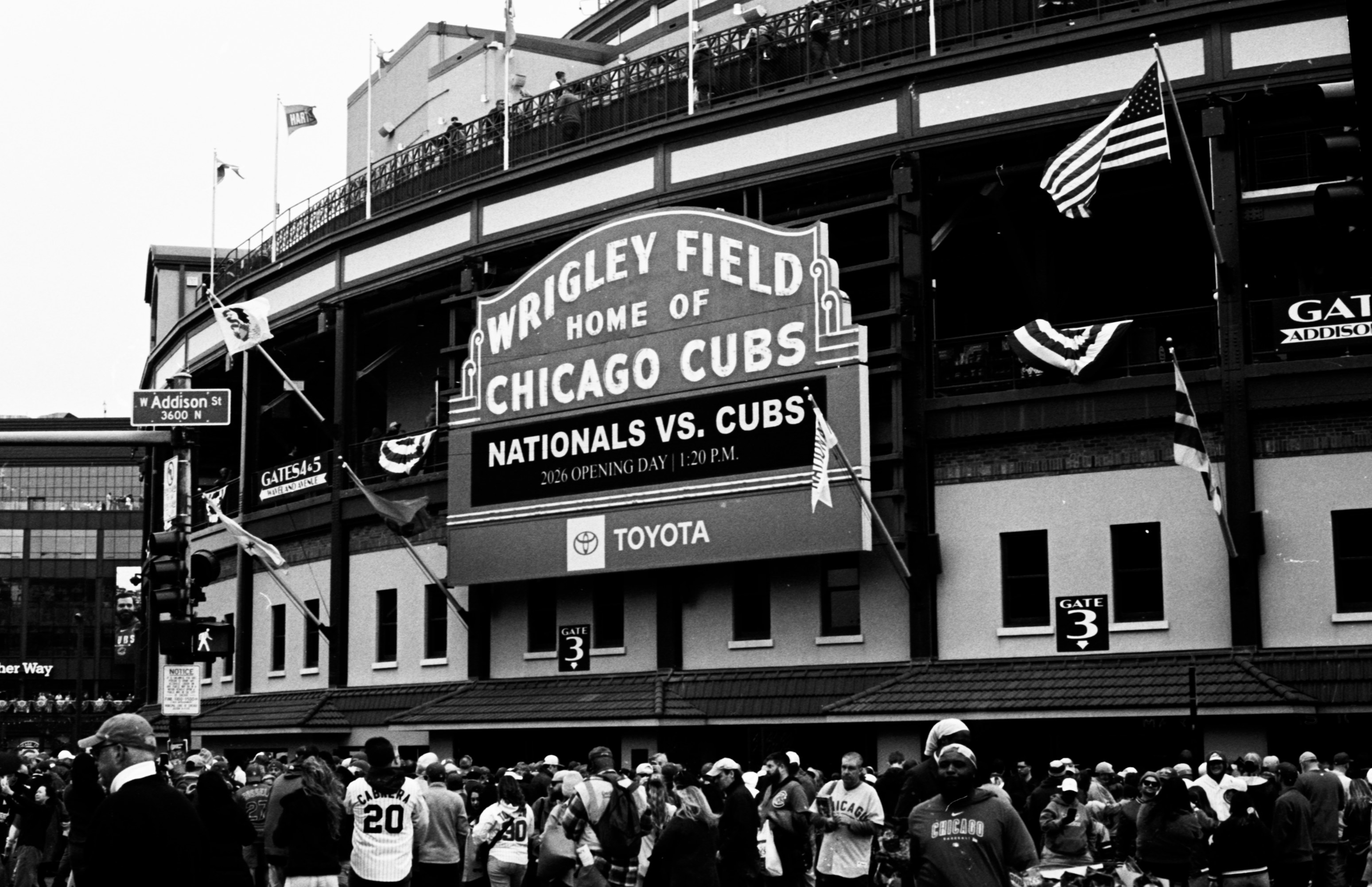 Black and white photograph of the Wrigley Field marquee